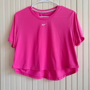 Nike Womens Dri-FIT Hot Pink Cropped High Low Short Sleeve T-Shirt Size Medium